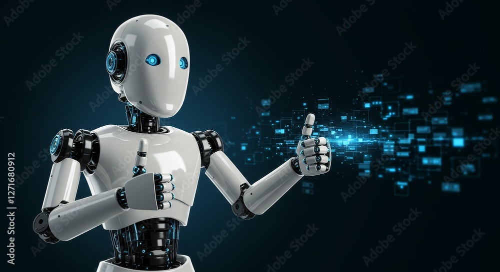 Naklejka premium Robot Giving Thumbs Up with Data - Futuristic robot displaying a thumbs up gesture, interacting with data streams. A positive technological advancement