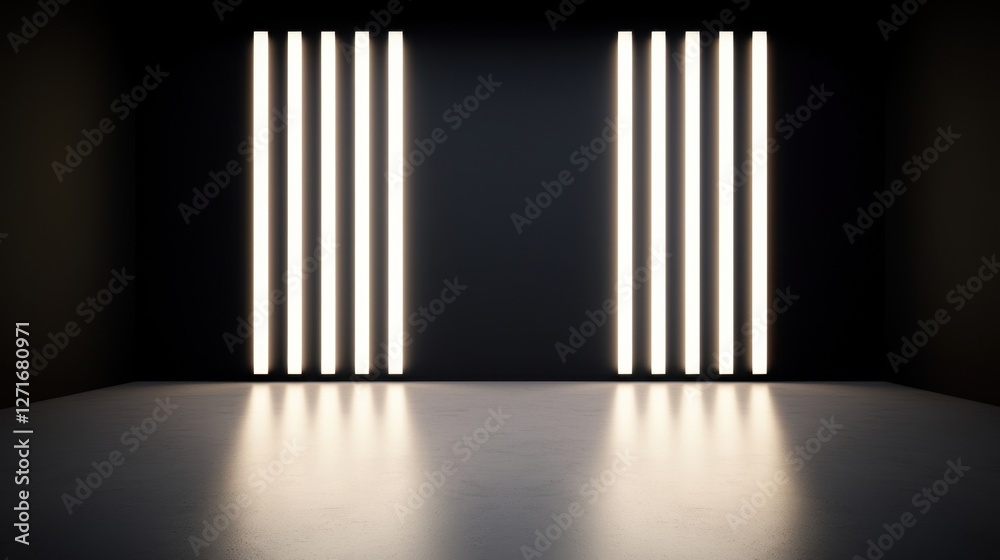 Black Studio Background Illuminated Concept, Sleek Black Studio Interior with Alternating White Vertical Lighting Strips on Dark Wall Black Studio Background Illuminated Concept, Sleek Black Studio Interior with Alternating White Vertical Lighting Strips on Dark Wall