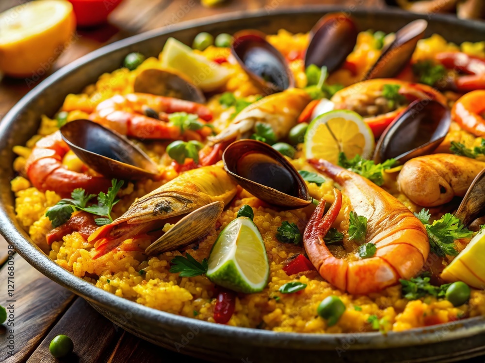 Close-Up Long Exposure Shot of Vibrant Seafood Paella Close-Up Long Exposure Shot of Vibrant Seafood Paella