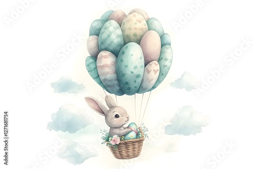 Whimsical Watercolor of a Bunny Floating in a Balloon Basket Amid Clouds in the Sky