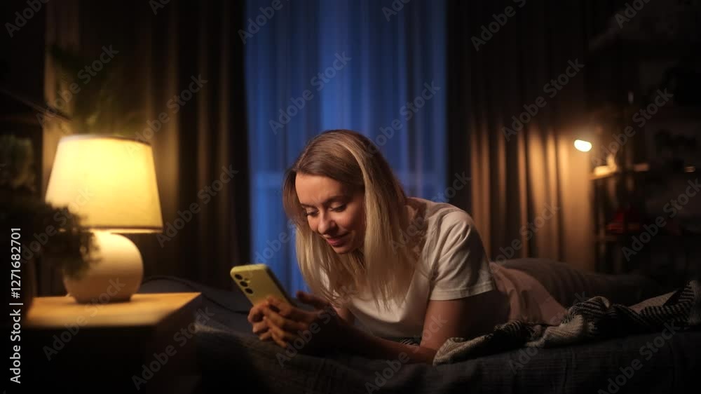 Happy Blonde Woman Lying in Front in Bed at Home with Smartphone