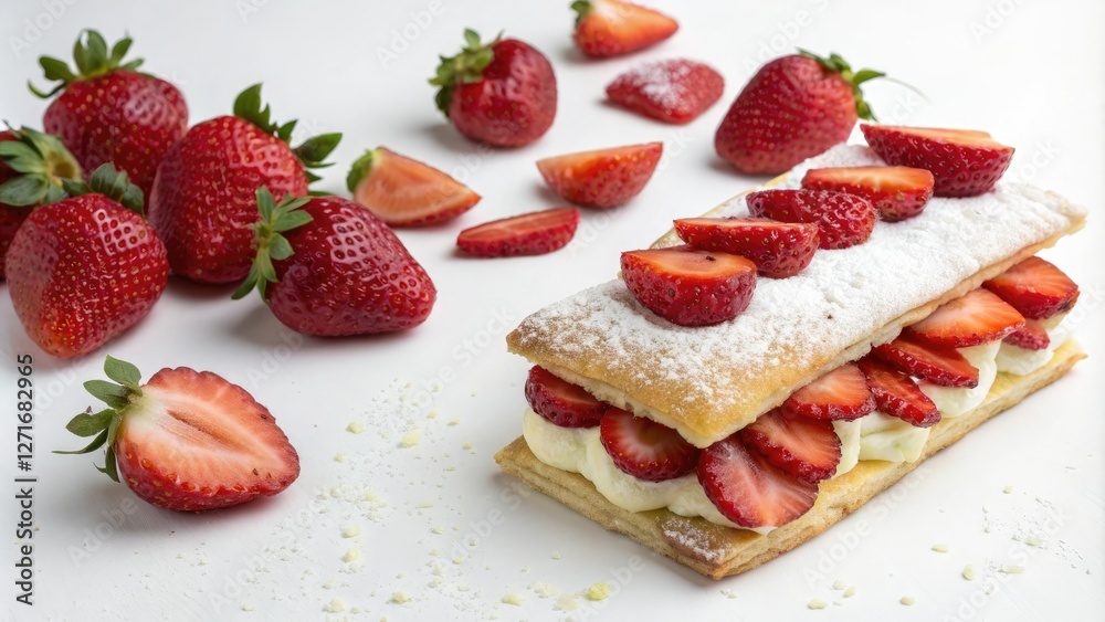 Strawberry and cream-filled pastry with a side of sliced strawberries, pastry, breakfast food, baked good Strawberry and cream-filled pastry with a side of sliced strawberries, pastry, breakfast food, baked good