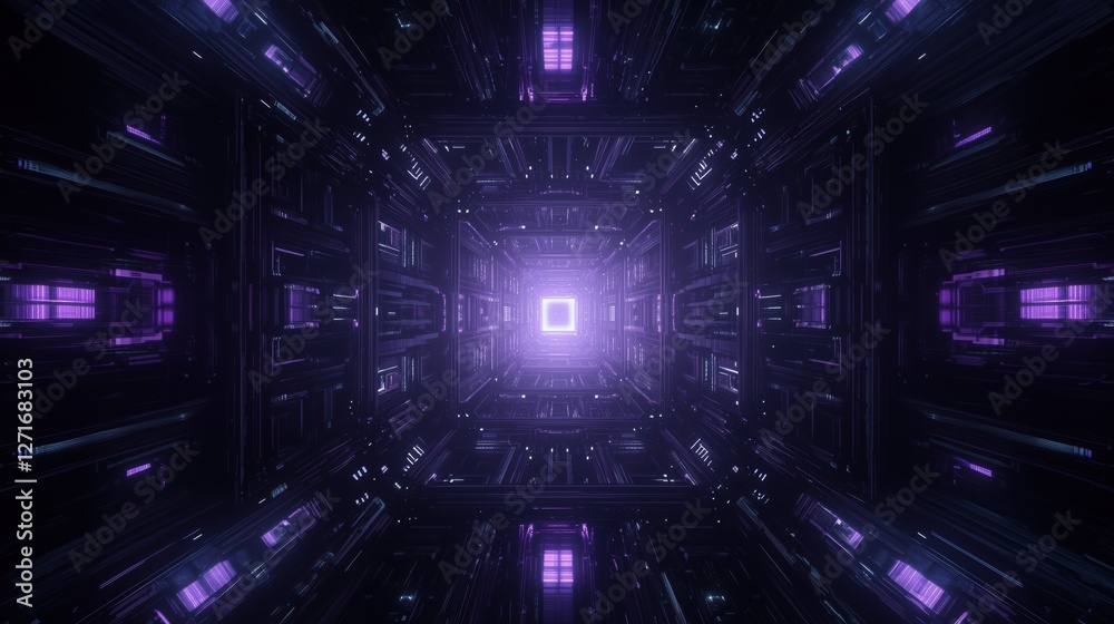 Fototapeta premium A futuristic tunnel with glowing purple lights and a central bright square.