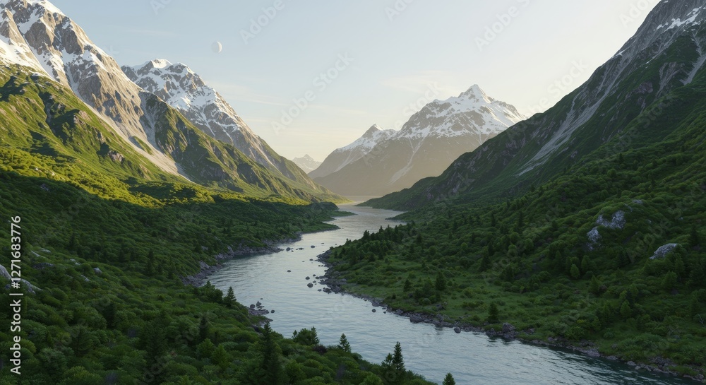 Serene Mountain River Landscape - Tranquil river meandering through a majestic mountain valley, symbolizing peace, nature's beauty, adventure, serenity, and escape Serene Mountain River Landscape - Tranquil river meandering through a majestic mountain valley, symbolizing peace, nature's beauty, adventure, serenity, and escape