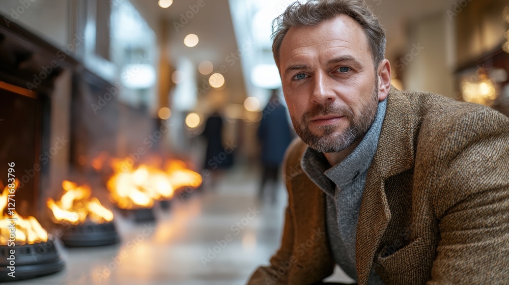 Obraz premium Stylish Mature Man Relaxing by Modern Fireplace in Cozy Setting