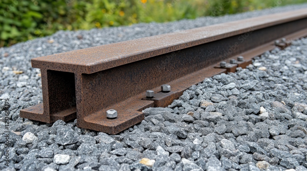 Rusty Railroad Track Detail: Close-up of a weathered railway I-beam resting on ballast. Rusty Railroad Track Detail: Close-up of a weathered railway I-beam resting on ballast.