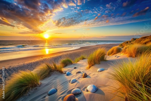 Sunset on a peaceful coastline with gentle sand dunes and a few scattered beach rocks, beach at sunset, beach rocks, calming atmosphere