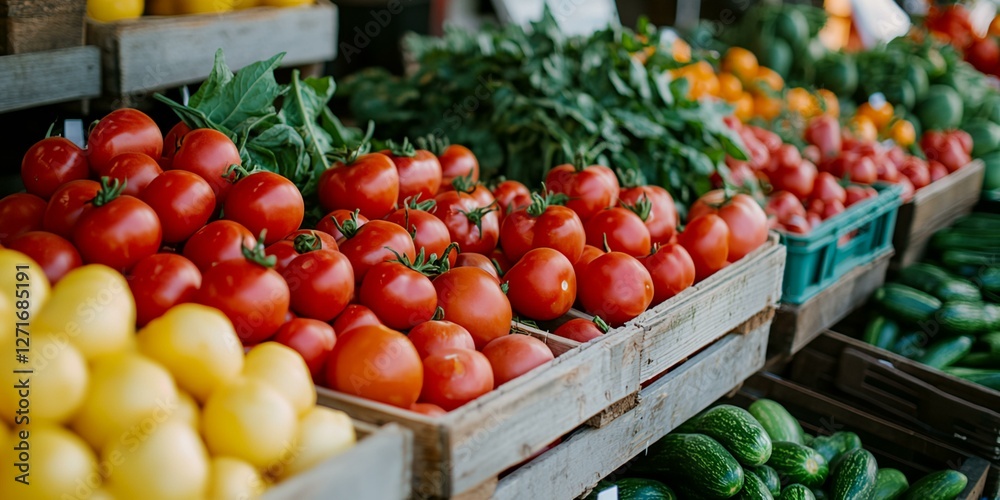 A variety of fruits and vegetables are displayed on wooden crates A variety of fruits and vegetables are displayed on wooden crates