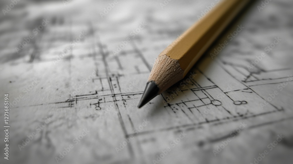 A close-up of a wooden pencil resting on architectural blueprints. A close-up of a wooden pencil resting on architectural blueprints.