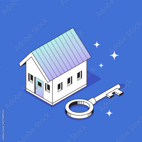 Isometric vector illustration concept of a house with a key, representing home loans and real estate financing