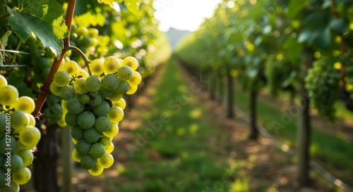 Wallpaper Mural Sunlit Vineyard Grapes - Lush green grapes hang heavy on the vine in a sun-drenched vineyard, rows of vines stretching to the horizon Torontodigital.ca