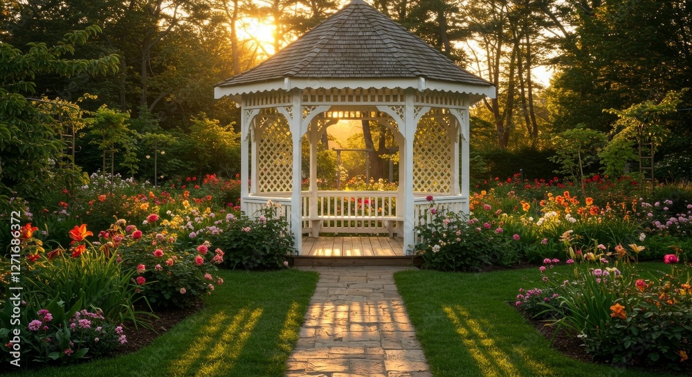 Obraz premium Summer Sunset Gazebo in a Blooming Garden - Serene summer evening, gazebo in vibrant flower garden, sunset glow, peaceful retreat, nature's beauty