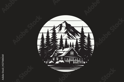 illustration in vintage retro style showcasing a detailed forest cabin nestled among pine trees in black and white