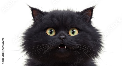 Surprised Black Cat Portrait - Close-up of a fluffy black cat with wide, surprised eyes and slightly open mouth, against a white background