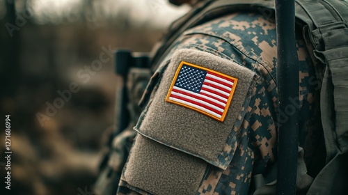 Soldier in military uniform with USA flag patch stands in outdoor setting
