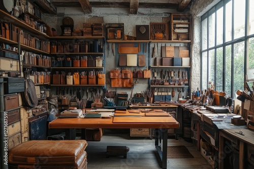 Wallpaper Mural Traditional leather workshop with tools, materials, and finished leather goods displayed on shelves and workbenches Torontodigital.ca