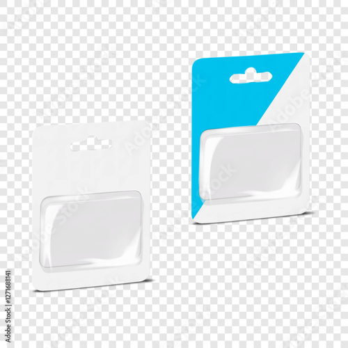 Rectangular empty cardboard back clear plastic blister box with euro hole. 3d mockup. Rectangle hanging individual product sleeve package. Realistic vector mock-up. Easy editable template