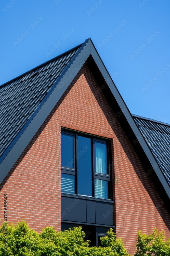 Modern architectural design featuring a stylish roof and large windows against a clear blue sky in a residential neighborhood Modern architectural design featuring a stylish roof and large windows against a clear blue sky in a residential neighborhood