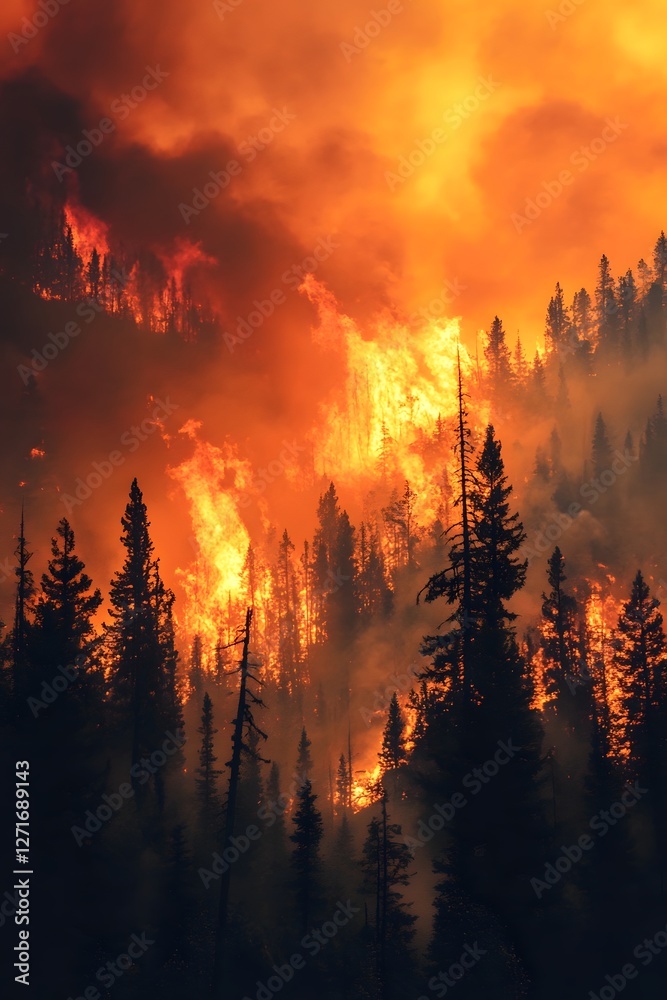 Dramatic Wildfire Consuming Dense Forest with Smoke-Filled Orange Sky Dramatic Wildfire Consuming Dense Forest with Smoke-Filled Orange Sky