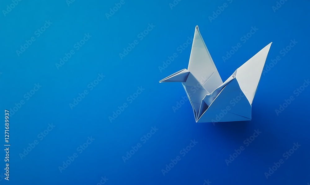 Blue Background with Origami Bird. origami dove with olive branch on blue backdrop, ideal for World Peace Day, with example copy space image.
Blue Background with Origami Bird. origami dove with olive branch on blue backdrop, ideal for World Peace Day, with example copy space image.