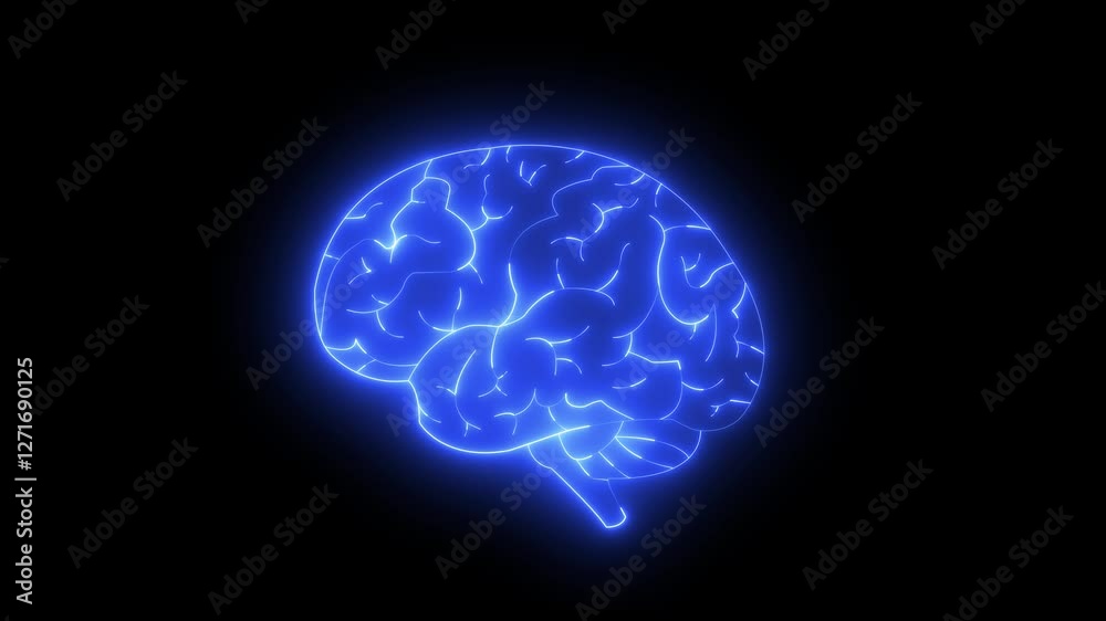 A neon-blue glowing brain illustration on a dark background, symbolizing intelligence, innovation, and advanced technology. Human head with neon brain emblem, medicine, sign, human body part. A neon-blue glowing brain illustration on a dark background, symbolizing intelligence, innovation, and advanced technology. Human head with neon brain emblem, medicine, sign, human body part.