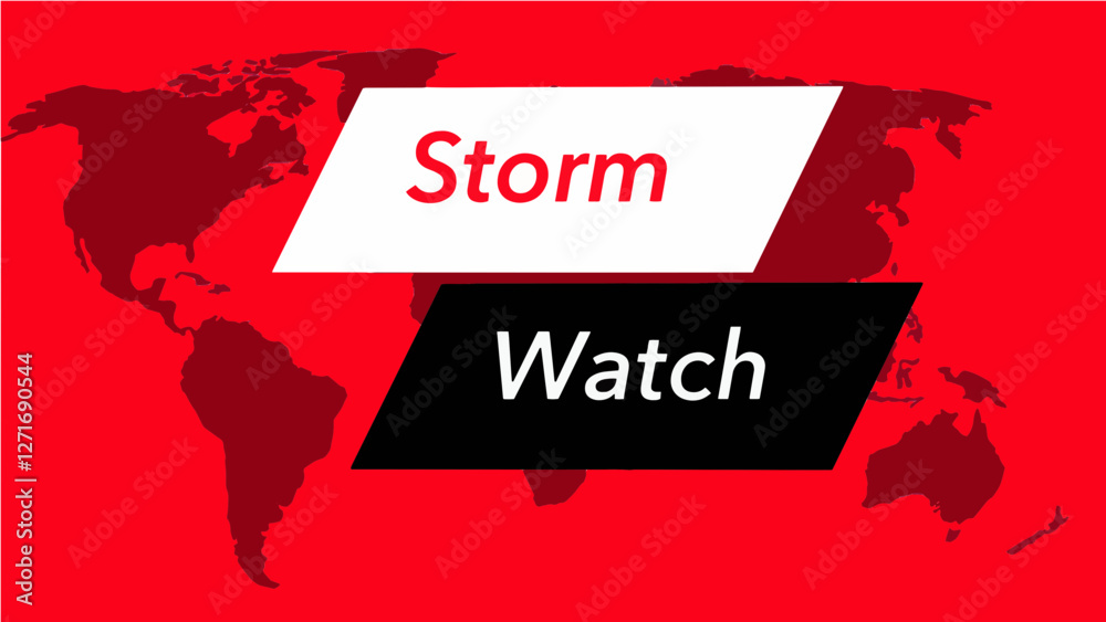 Fototapeta premium Storm watch banner. A television weather banner, known as an “over the shoulder” is seen with a map of the world showing the United States. Colors are red, black and this is a vector graphic . 
