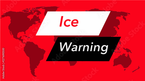 Ice Warning. A television weather banner, known as an “over the shoulder”  is seen with a map of the world showing the United States. Colors are red, black and this is a vector graphic .