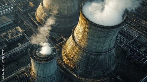 Aerial View of a Massive Industrial Power Plant Complex with Cooling Towers and Smoke Stacks. A Stunning Perspective of Modern Infrastructure and Energy Production photo