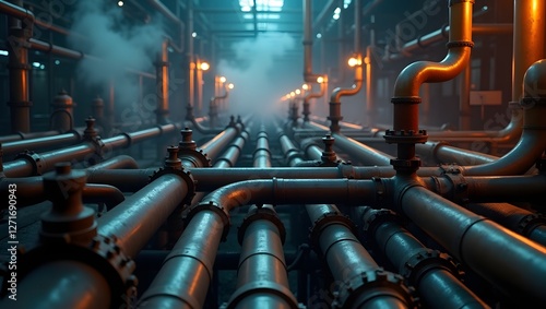 Wallpaper Mural The large industrial complex, with its intricate network of thick, rusty pipes and valves, evokes practicality and hard work. Torontodigital.ca