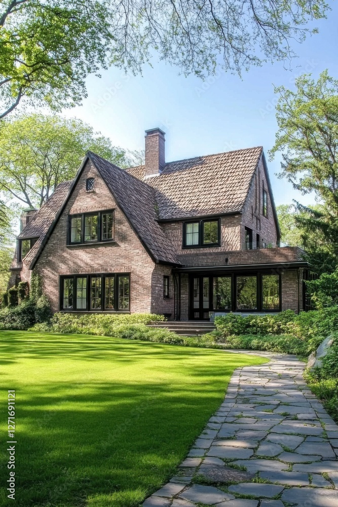 Beautiful brick house surrounded by lush greenery, featuring a well-maintained lawn and a stone pathway leading to the entrance on a sunny afternoon Beautiful brick house surrounded by lush greenery, featuring a well-maintained lawn and a stone pathway leading to the entrance on a sunny afternoon