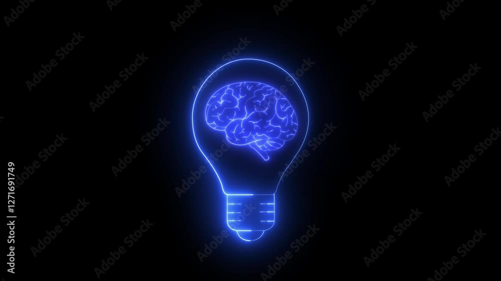 Glowing neon light bulb icon animated on a black background .A glowing lightbulb that have a glowing human brain inside. Symbol for creative and thinking idea concept. Glowing neon light bulb icon animated on a black background .A glowing lightbulb that have a glowing human brain inside. Symbol for creative and thinking idea concept.