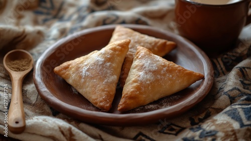 Hand-crafted clay plate displays freshly baked sambousek with sumac alongside Arabic coffee on textured fabric during Ramadan festivities photo