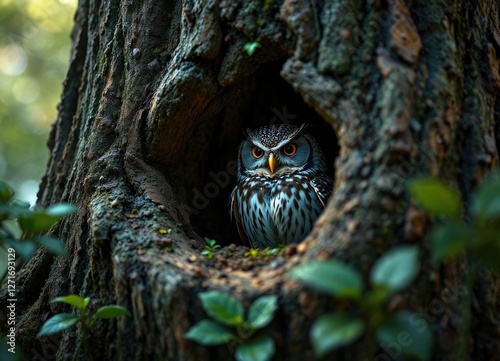 Tucked away in a tree stump, a screech owl blends into its surroundings, nesting, owl, tree