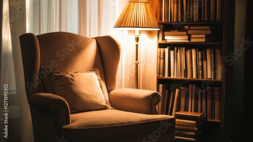A classic wingback chair in a reading nook with a warm floor lamp and stacked books.