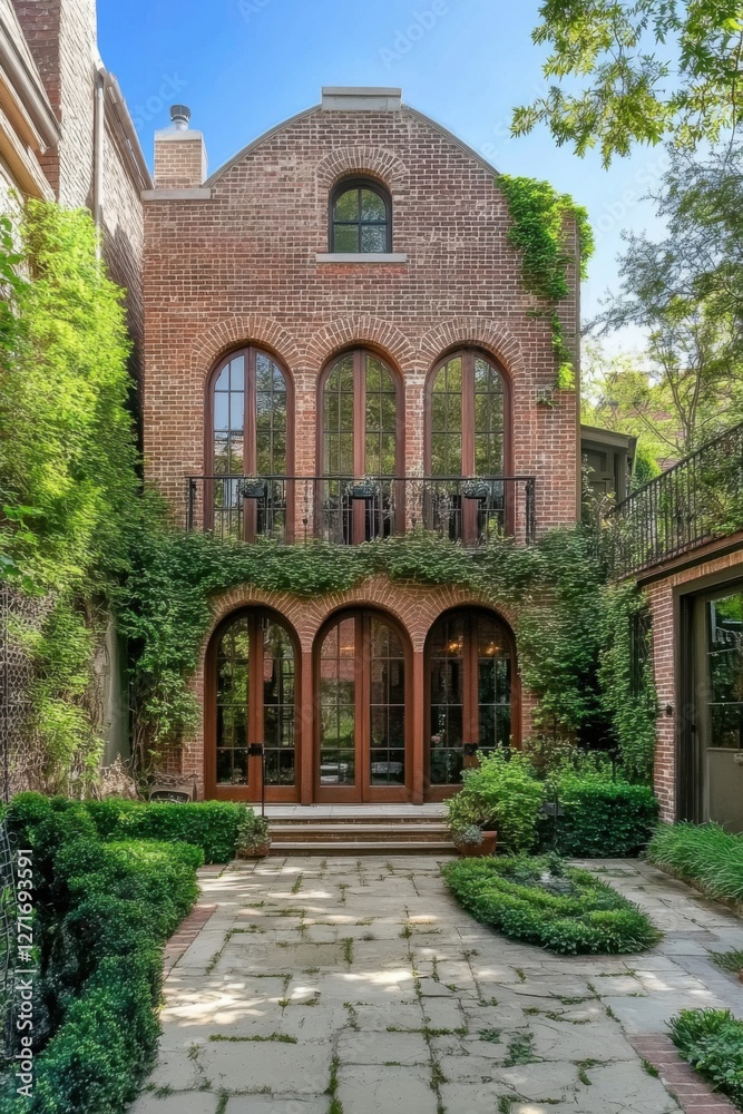 Nestled in a peaceful garden setting, this elegant brick house features stunning arched windows, surrounded by vibrant, lush greenery during the bright daylight hours Nestled in a peaceful garden setting, this elegant brick house features stunning arched windows, surrounded by vibrant, lush greenery during the bright daylight hours