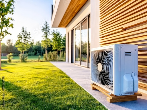 an outdoor air conditioner unit installed on the lawn next to a modern house photo