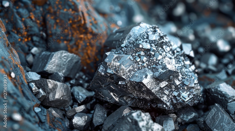 A striking display of minerals showcases sharp crystalline structures and a lustrous metallic surface, surrounded by rugged rocky terrain under bright sunlight. A striking display of minerals showcases sharp crystalline structures and a lustrous metallic surface, surrounded by rugged rocky terrain under bright sunlight.