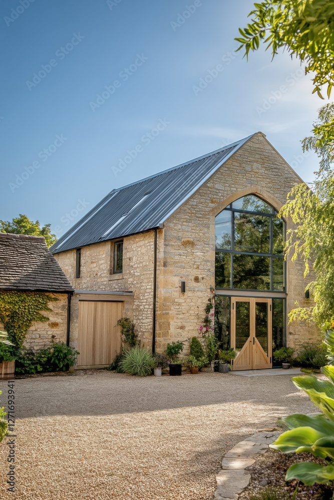 Modern stone barn conversion featuring large glass windows and a natural stone facade set in a tranquil rural landscape on a sunny day Modern stone barn conversion featuring large glass windows and a natural stone facade set in a tranquil rural landscape on a sunny day