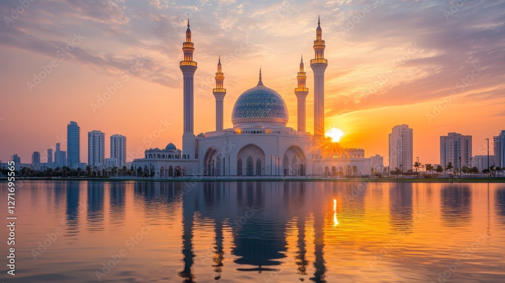 Naklejka premium The Sharjah New Mosque is a beautiful place to visit. It has amazing views of the sunset and has very interesting architecture. It is a popular tourist destination in Dubai.