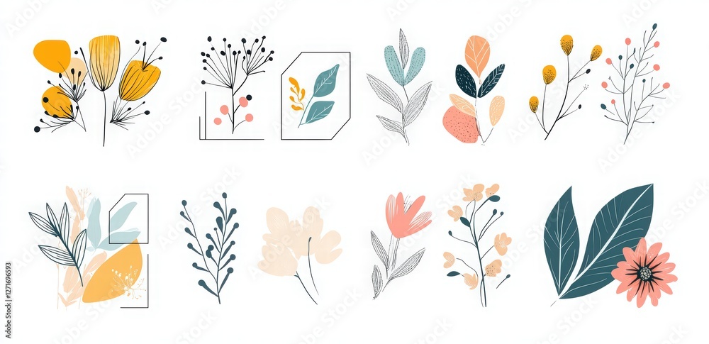 Set of hand-drawn floral elements, leaves, and flowers for wedding design. Hand-drawn line art collection of organic shapes like circles or hexagon frames with botanical branches. Set of hand-drawn floral elements, leaves, and flowers for wedding design. Hand-drawn line art collection of organic shapes like circles or hexagon frames with botanical branches.