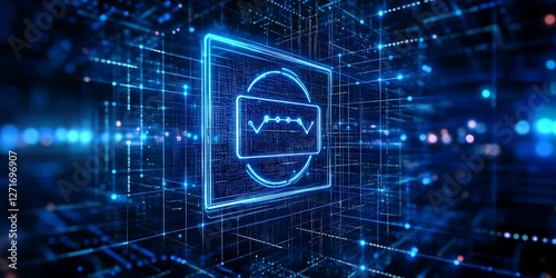 Energy Technology Concept with battery symbol against a Futuristic, Blue Digital Grid background. Network Tech Wallpaper. Tecnology concept
