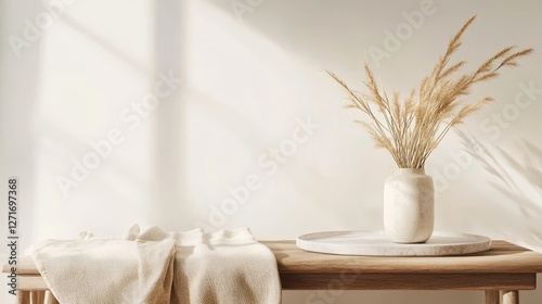 White ceramic vase with grass and a marble tray on a wooden bench. Beige linen blanket in front. Scandinavian style. Copy space on the empty white wall.