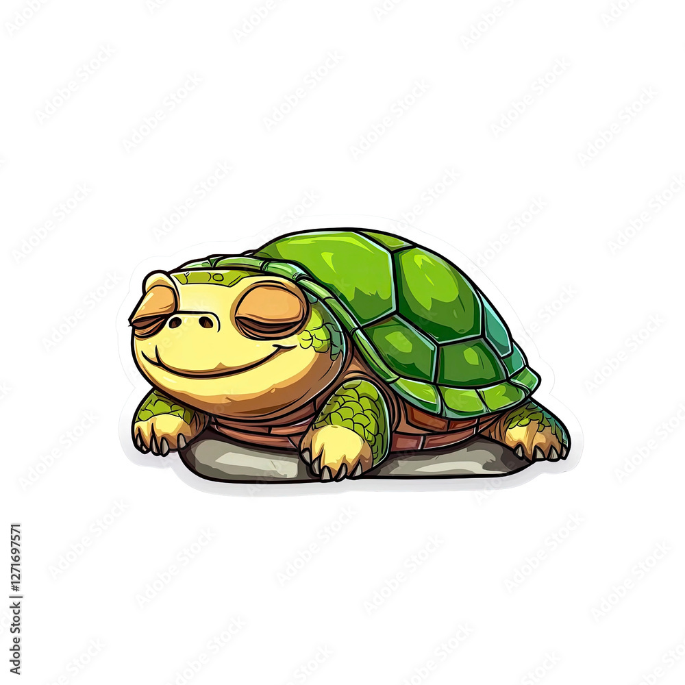 Obraz premium Adorable Cartoon Turtle Sleeping Peacefully on a Rock