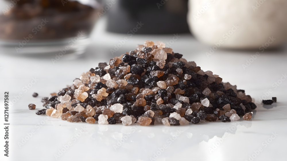 A small pile of black Himalayan salt on a white surface, the dark crystals shine brightly under the light. A small pile of black Himalayan salt on a white surface, the dark crystals shine brightly under the light.