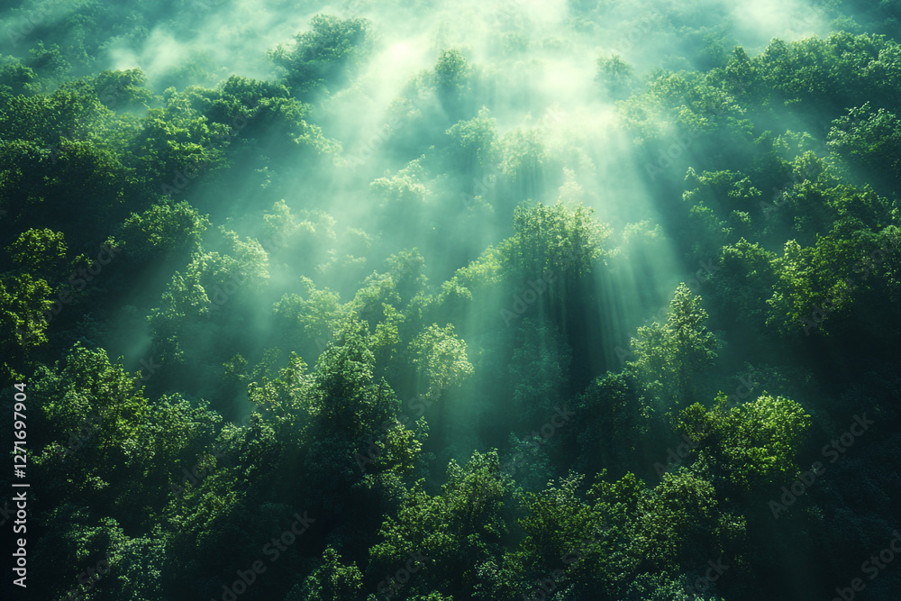 Obraz premium Emerald canopy bathed in ethereal luminescence, a forest's mystic awakening