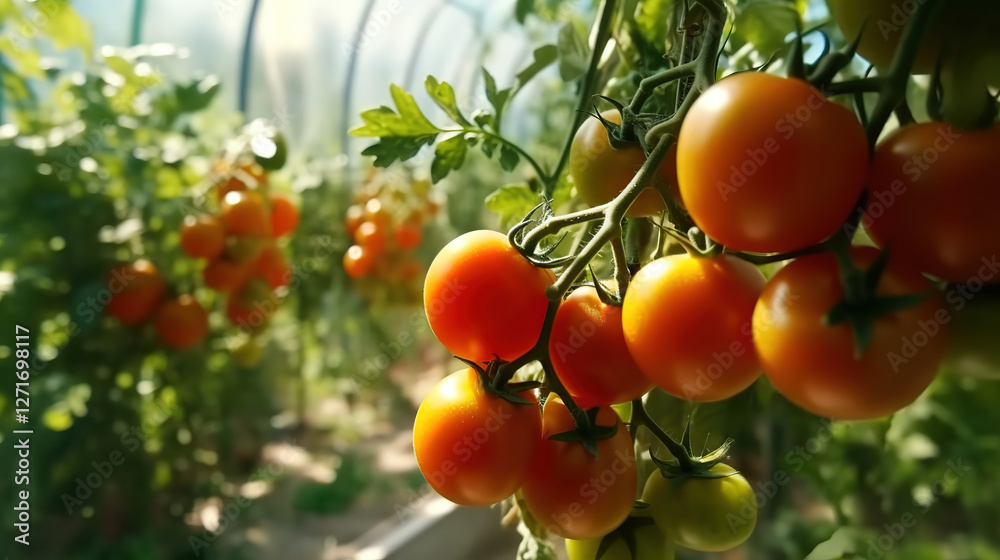 Fresh and Ripe Red Tomatoes in a Greenhouse Setting Fresh and Ripe Red Tomatoes in a Greenhouse Setting