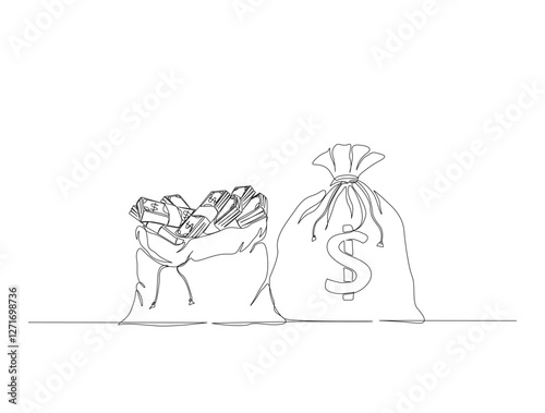 Continuous one line drawing of dollar money bag design. Money bag storage in single line draw illustration. Editable stroke.