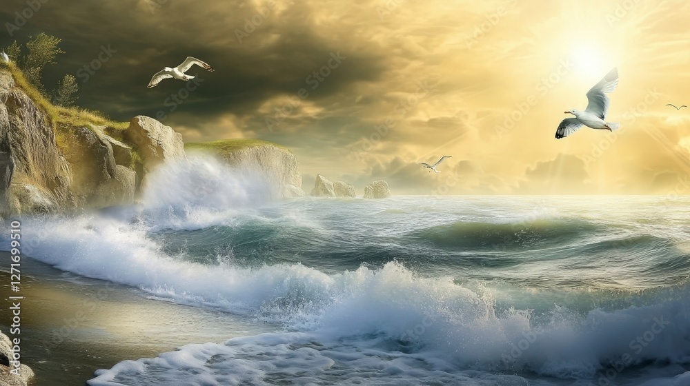 Fototapeta premium Stunning Coastal Seascape with Majestic Waves and Flying Seagulls