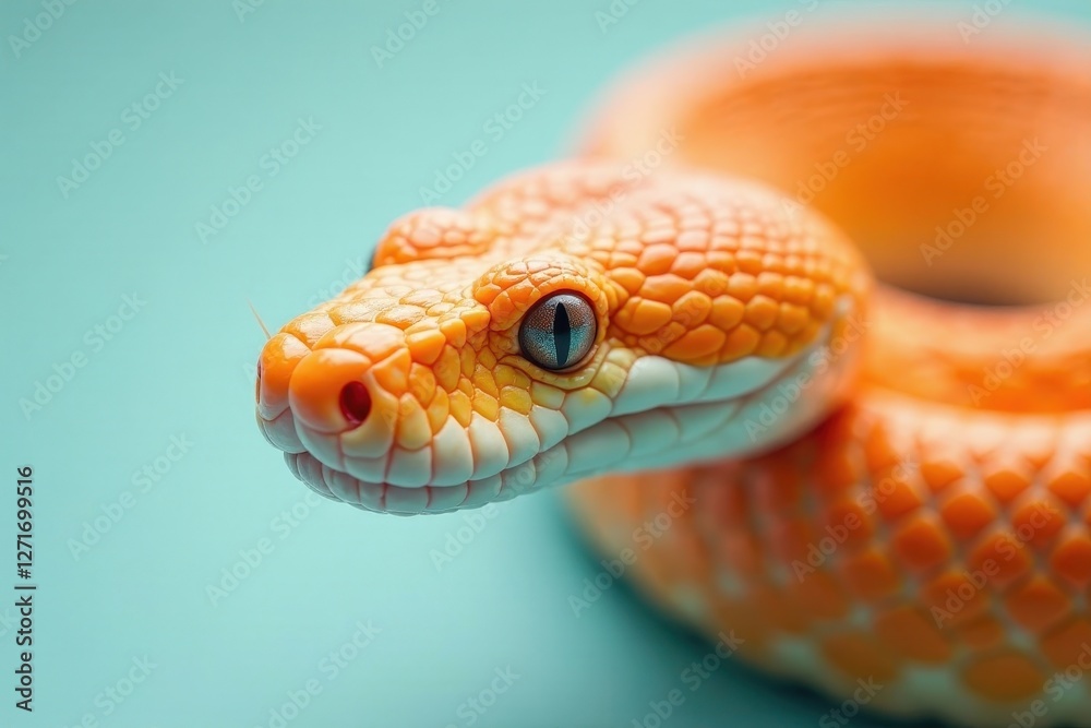 Close-up of an orange snake's head, showcasing intricate scales and a captivating gaze against a tranquil aqua backdrop Close-up of an orange snake's head, showcasing intricate scales and a captivating gaze against a tranquil aqua backdrop