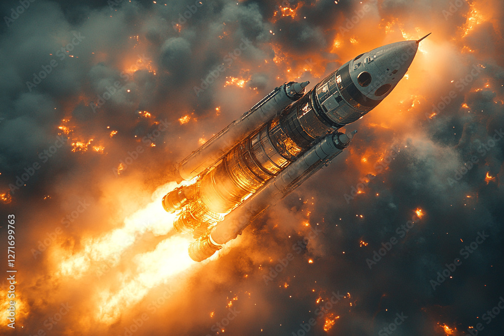 Rocket Ascending Through Fiery Nebula, Exploring Beyond Earth Limits Rocket Ascending Through Fiery Nebula, Exploring Beyond Earth Limits